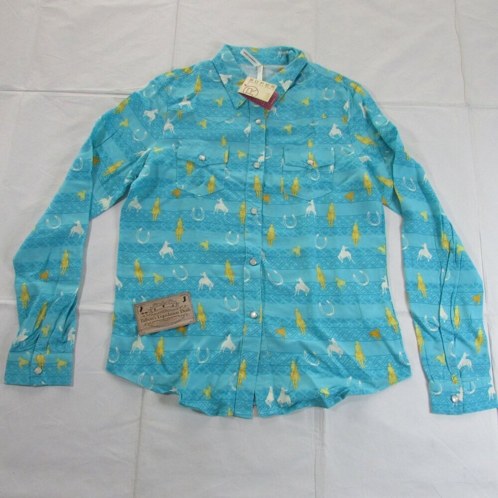 Roper Girl's XL Long Sleeve Aztec Rodeo Bronc Print Snap Western Shirt Blue